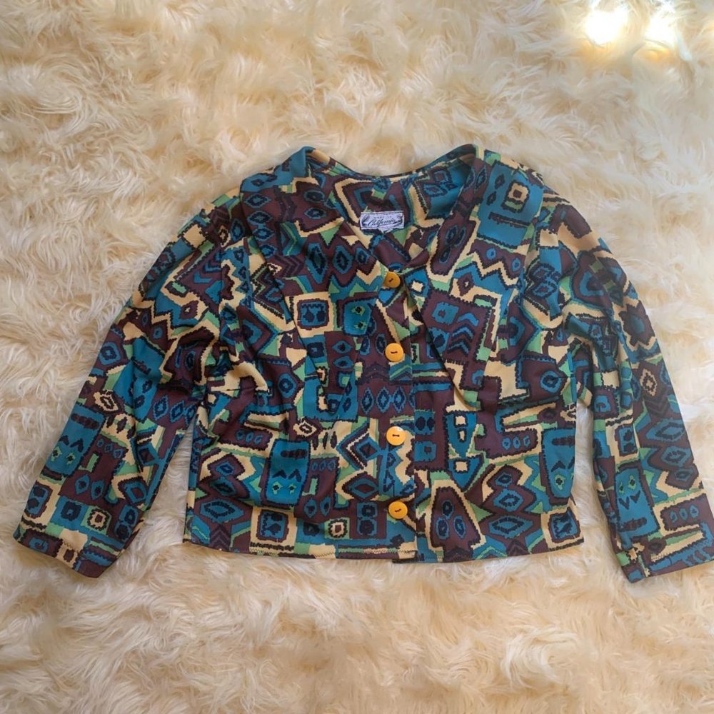 70s Cropped Groovy Oversized Collar Abstract Groovy Brown Blue Yellow Blouse